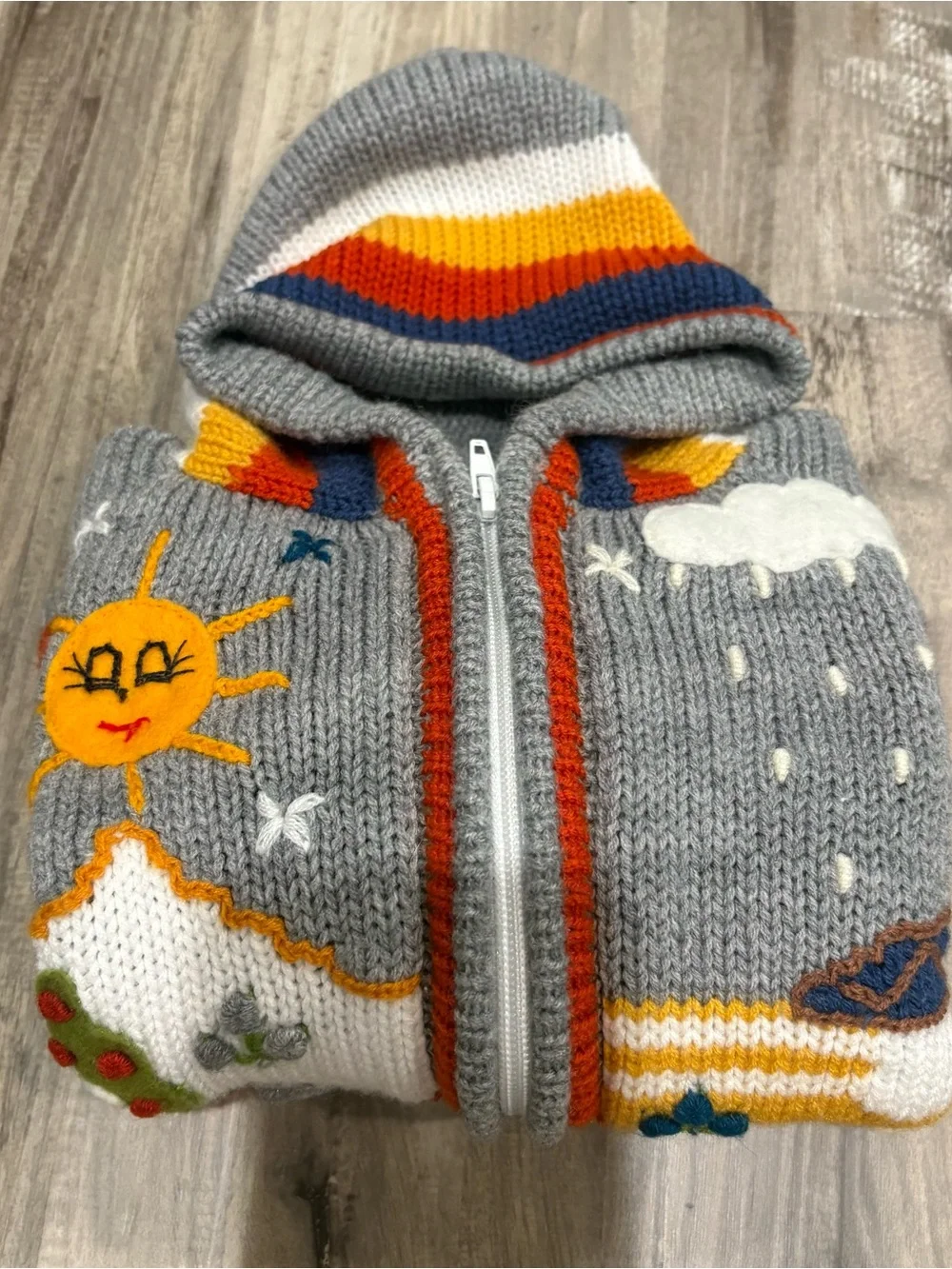 Handmade Peruvian Full Zip Hooded Sweatshirt Farm Animals SZ 2T